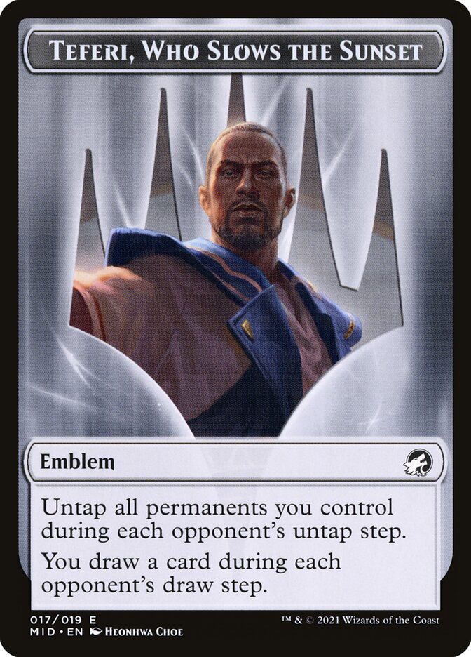 Teferi, Who Slows the Sunset Emblem card front